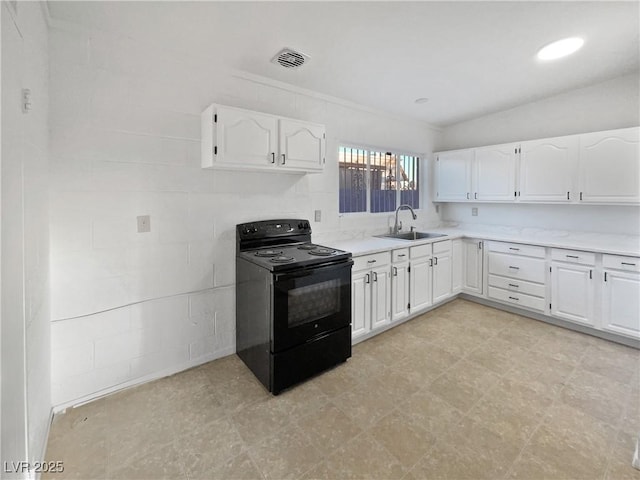 kitchen with sink, black / electric stove, white cabinetry, and ornamental molding