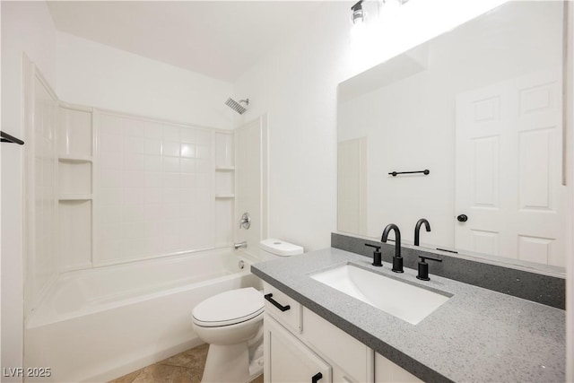 full bathroom featuring shower / washtub combination, vanity, tile patterned floors, and toilet