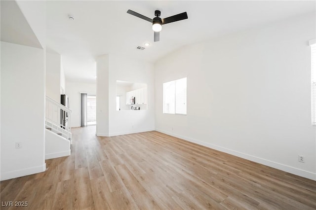 unfurnished living room with ceiling fan and light hardwood / wood-style flooring