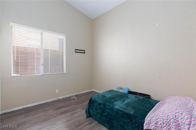 bedroom with lofted ceiling and wood-type flooring