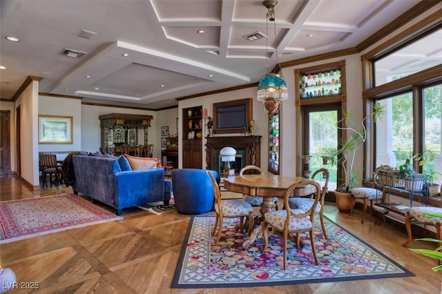 dining room featuring a fireplace, beam ceiling, crown molding, and coffered ceiling