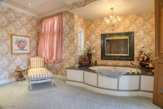 unfurnished room featuring a notable chandelier, crown molding, a premium fireplace, and carpet