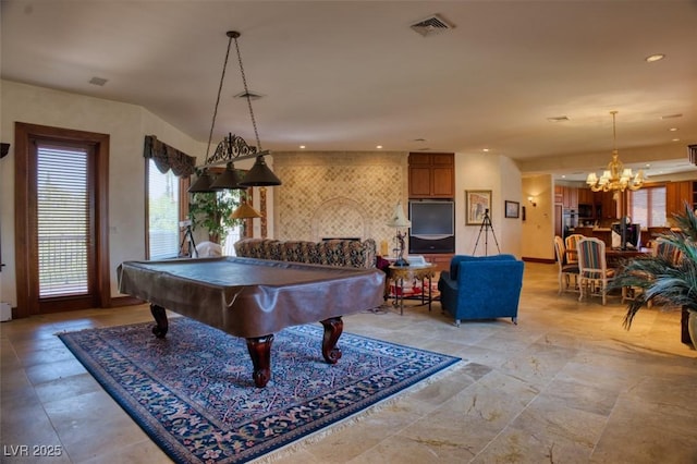 rec room with pool table, visible vents, a notable chandelier, and recessed lighting