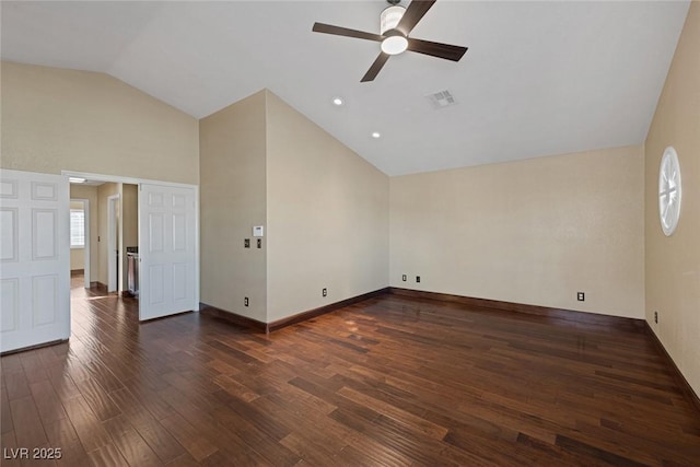 interior space featuring lofted ceiling, ceiling fan, and dark hardwood / wood-style flooring