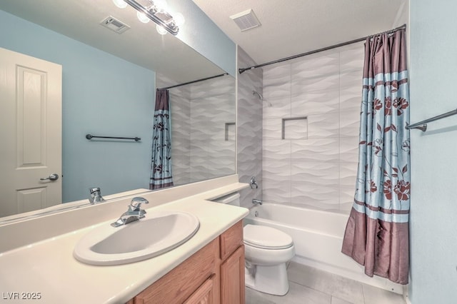 full bathroom featuring a textured ceiling, shower / bathtub combination with curtain, toilet, tile patterned floors, and vanity