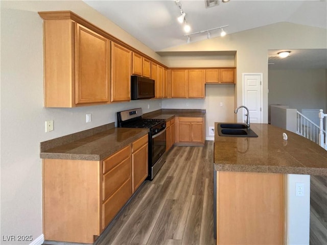 kitchen with sink, a kitchen island with sink, lofted ceiling, and stainless steel gas range oven