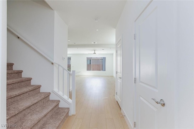 stairway featuring ceiling fan and wood-type flooring