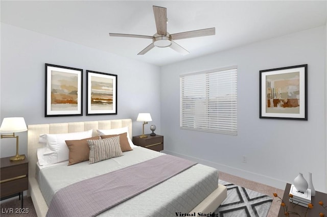 bedroom featuring ceiling fan and carpet floors