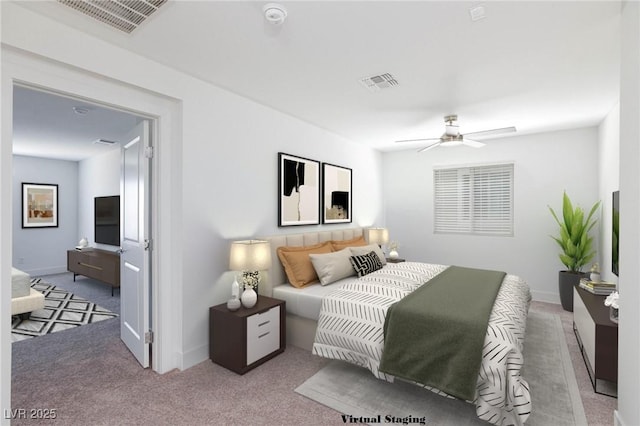 bedroom featuring ceiling fan and carpet floors