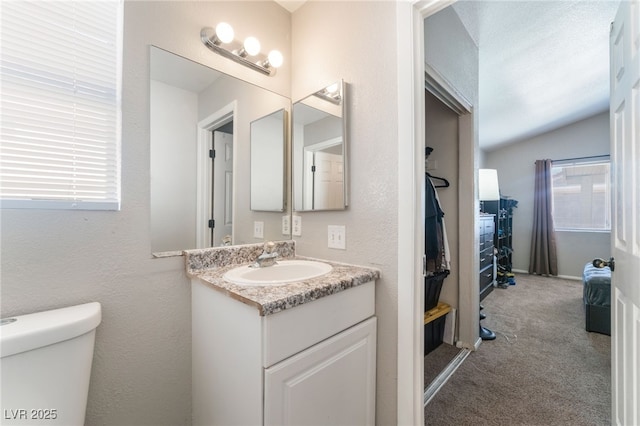 bathroom featuring toilet, vanity, and vaulted ceiling