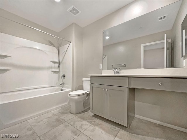 full bathroom featuring toilet, shower / washtub combination, and vanity