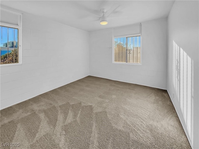 carpeted spare room featuring ceiling fan