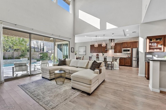 living room featuring a high ceiling and light hardwood / wood-style flooring