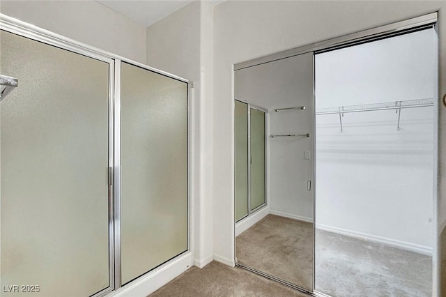 bathroom with a shower with shower door