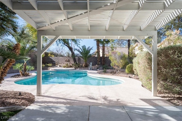 view of pool with a patio area, a fenced in pool, a pergola, and a fenced backyard