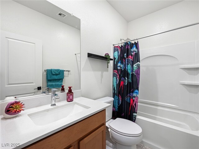 full bathroom featuring toilet, shower / tub combo, and vanity