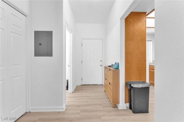 corridor featuring light hardwood / wood-style flooring and electric panel