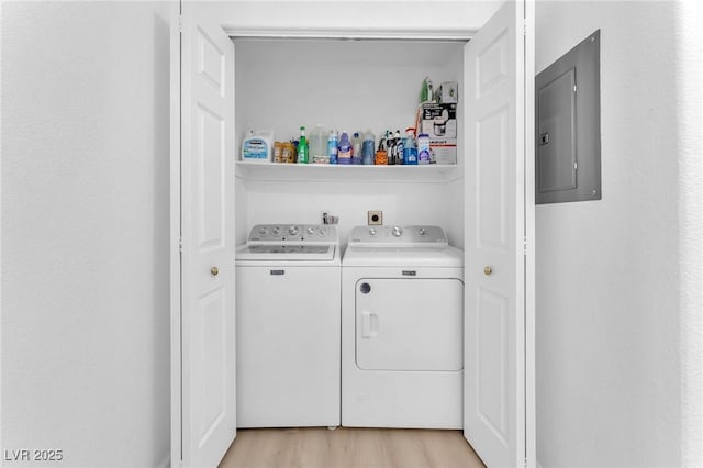 clothes washing area featuring washer and clothes dryer, light hardwood / wood-style flooring, and electric panel