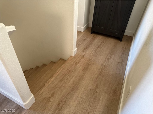 staircase with hardwood / wood-style floors