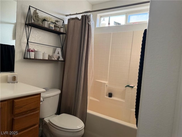 full bathroom featuring toilet, vanity, and shower / bath combo with shower curtain