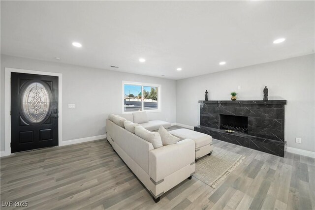 living room with hardwood / wood-style floors and a fireplace