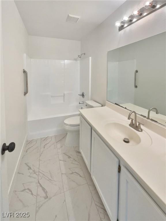 full bathroom with shower / bathing tub combination, vanity, and toilet