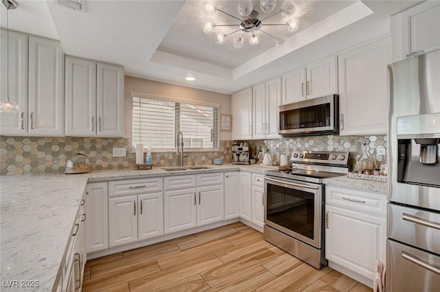 kitchen featuring light stone countertops, stainless steel appliances, a tray ceiling, white cabinets, and sink