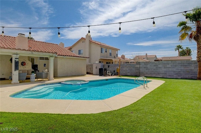 view of swimming pool featuring a patio, a lawn, an in ground hot tub, and an outdoor living space