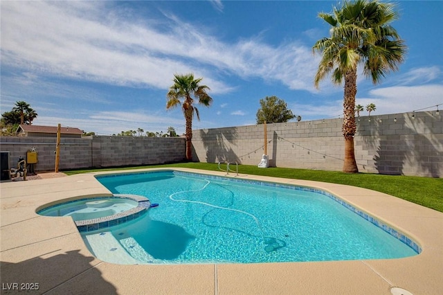 view of swimming pool featuring an in ground hot tub