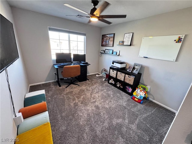 carpeted office with ceiling fan