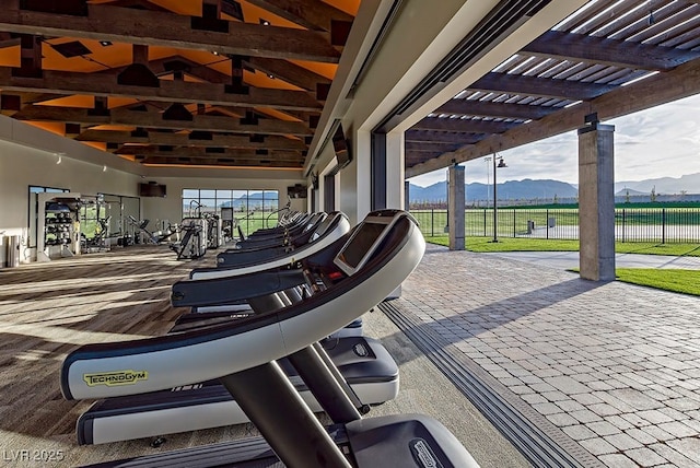 exercise room featuring vaulted ceiling