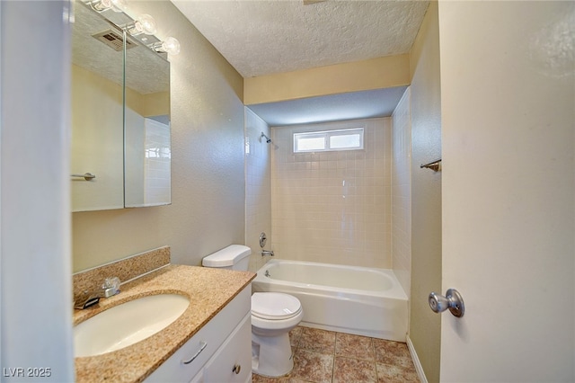 bathroom with visible vents, shower / bath combination, toilet, a textured ceiling, and vanity