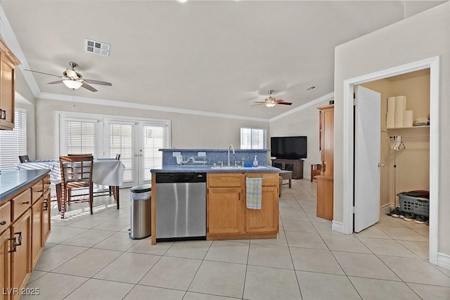 kitchen with ornamental molding, ceiling fan, dishwasher, and light tile patterned flooring