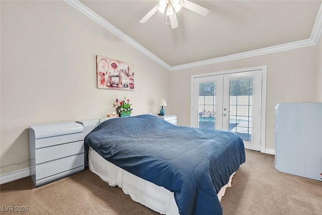 bedroom featuring vaulted ceiling, french doors, access to exterior, ceiling fan, and crown molding