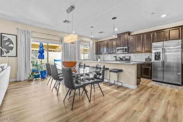 kitchen featuring stainless steel appliances, light wood-type flooring, backsplash, hanging light fixtures, and a center island with sink