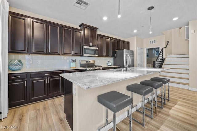 kitchen featuring a kitchen breakfast bar, a center island with sink, stainless steel appliances, light hardwood / wood-style flooring, and decorative light fixtures