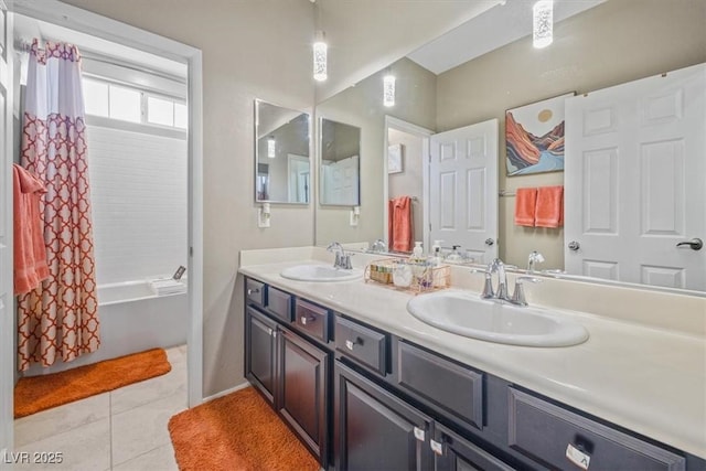 bathroom featuring vanity, tile patterned floors, and shower / bathtub combination with curtain