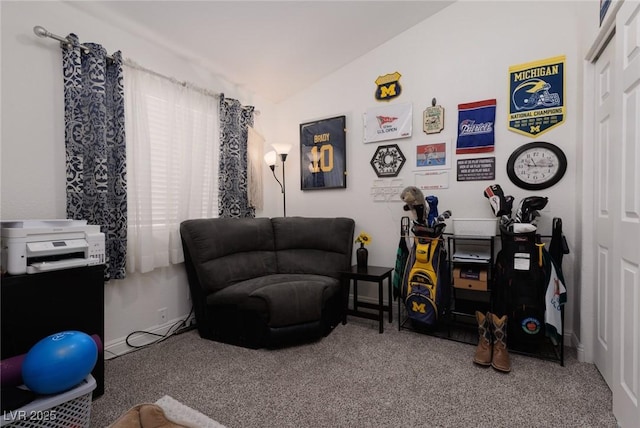 living area with vaulted ceiling and carpet flooring