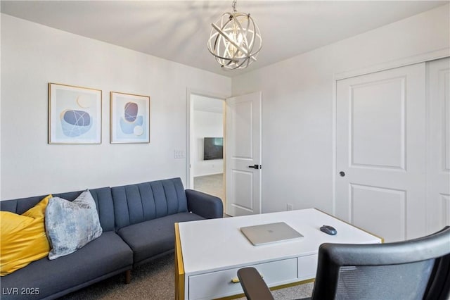 home office with a chandelier and carpet