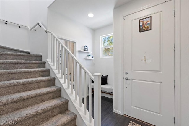 foyer entrance featuring dark hardwood / wood-style floors