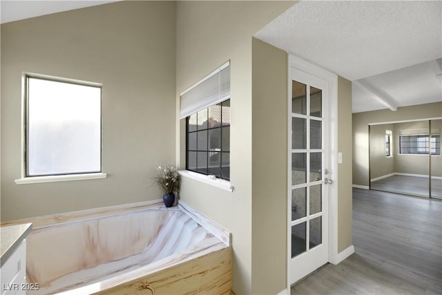 bathroom with a textured ceiling, vanity, a washtub, and hardwood / wood-style flooring