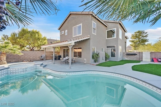 view of swimming pool featuring a patio area, a fenced backyard, a fenced in pool, and a pergola