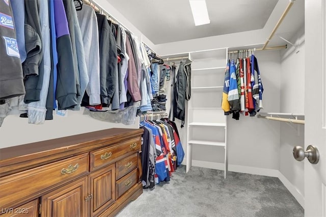 walk in closet with light carpet