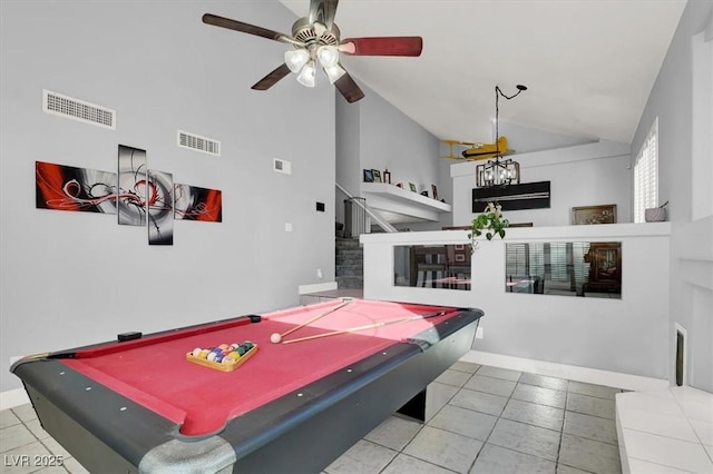 playroom featuring pool table, high vaulted ceiling, ceiling fan, and light tile patterned floors