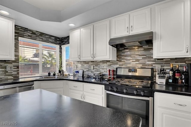 kitchen featuring stainless steel appliances, a raised ceiling, tasteful backsplash, white cabinetry, and sink