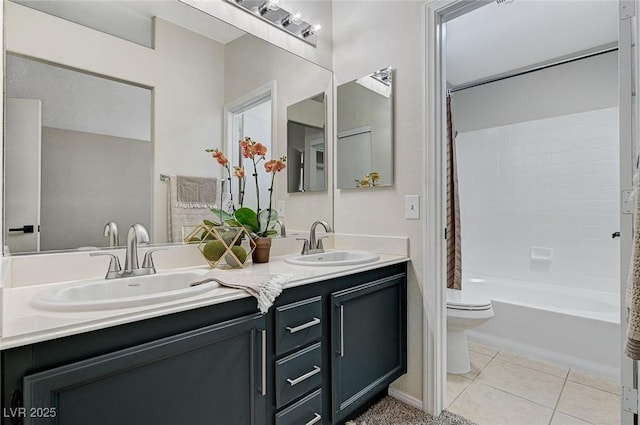 full bathroom with shower / bathtub combination with curtain, tile patterned flooring, vanity, and toilet