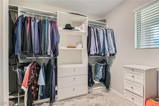 walk in closet featuring light colored carpet