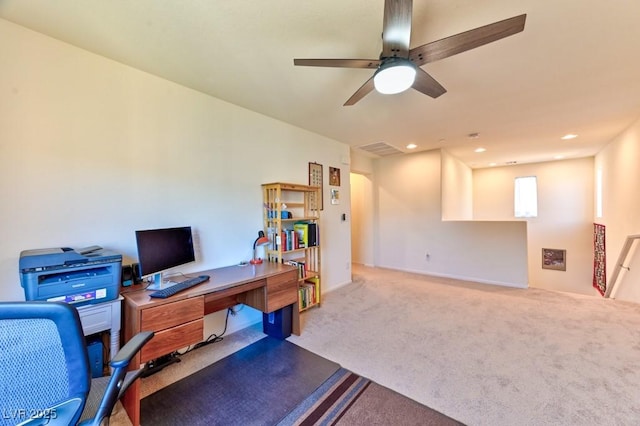 office featuring carpet floors and ceiling fan