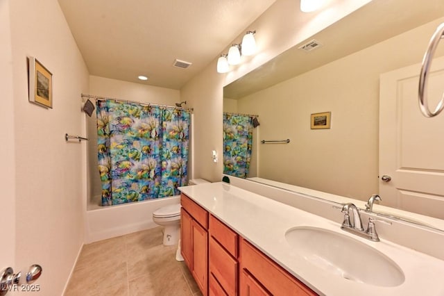 full bathroom with toilet, shower / tub combo, vanity, and tile patterned flooring