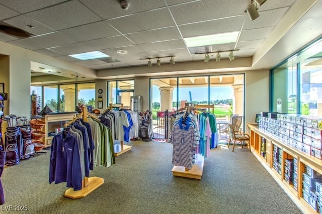 workout area featuring a drop ceiling, rail lighting, and plenty of natural light